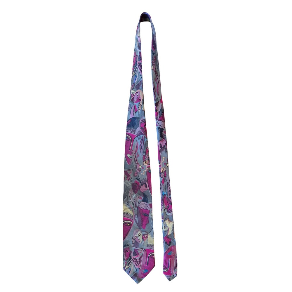 Martin Wong Napa CA Silk Tie Mens Avant Garde Cubist Portrait Faces Magenta Grey